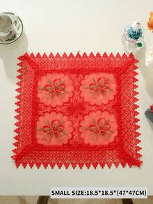 1pc 100% Polyester Beige & Red French Country Style Christmas Table Runner, Organza Fabric With Gold Bell & Floral Embroidery, Crocheted Lace Edge With Tassels, Christmas Party Holiday Table Decor - Red - View 10