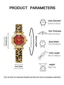 1pc Vintage Red Octagonal Light Luxury Quartz Watch For Women, Featuring A Gold Alloy Case And A Leopard-Print Metal Mesh Strap,Daily Wear& As A Gift - Red - View 7