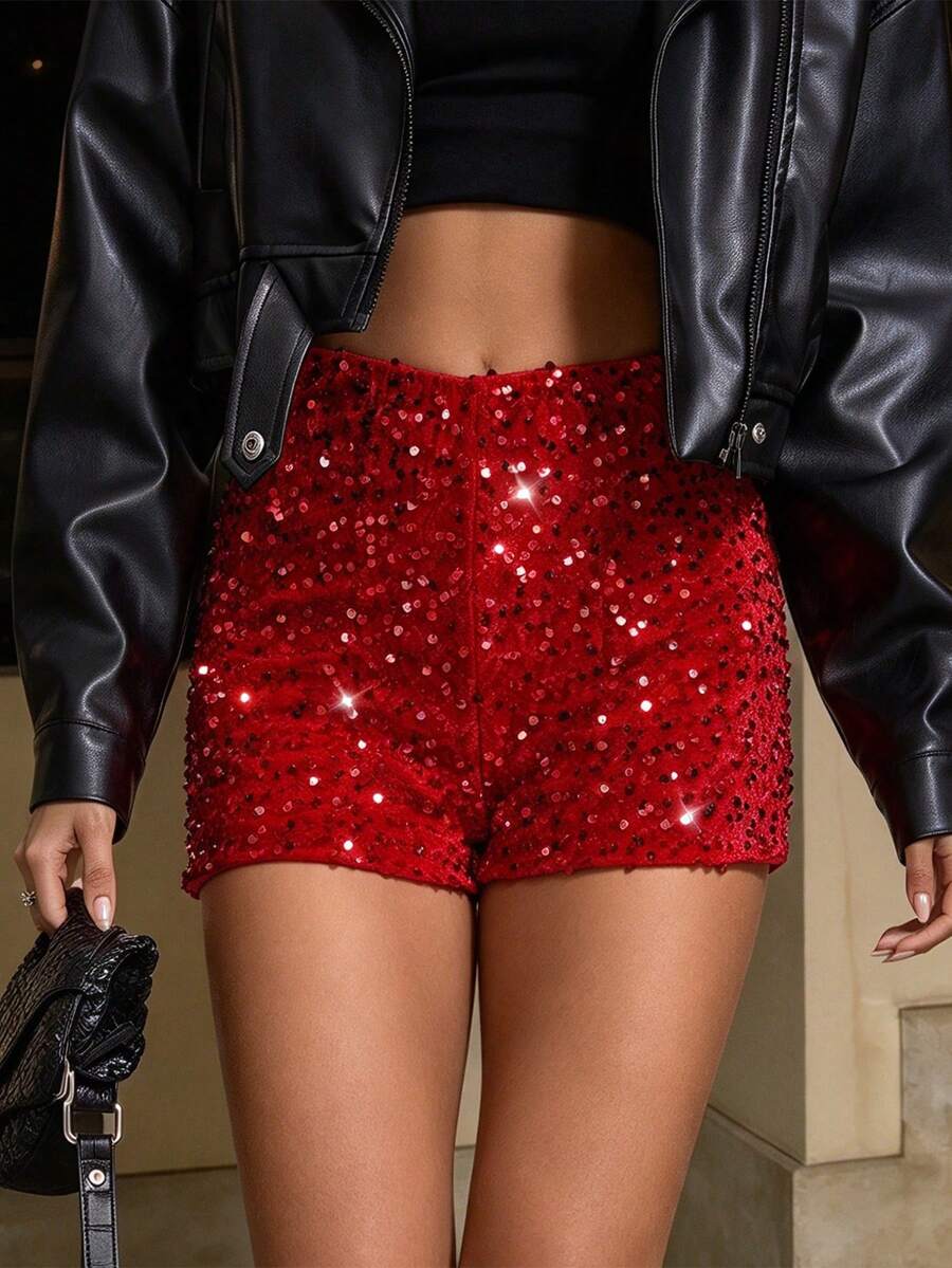Shorts elegantes con lentejuelas para mujer, estilo hot girl, para festival de música y Halloween - Rojo - Ver 1