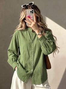 Women's Casual Solid Button Front Stand Collar Long Sleeve Button Cuff Relaxed Fit Shirt Business Office Home Vacation Daily Spring Autumn Winter - Army Green - View 3