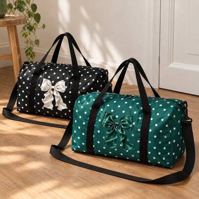Travel Bag - Green & White Bow Pattern Printed Large Capacity Kids Luggage Bag, Beach Bag Crossbody Bag Handbag, Portable, Lightweight, Fashionable, Home Use, Lightweight Large Capacity Tote Bag, Suitable For School, Sports, Travel, Swimming, Holiday Gift