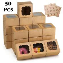 50個白色/牛皮紙窗式烘焙盒，紙板禮品盒，適用於蛋糕、派、杯子蛋糕，附「Thank You」貼紙 - 彩色 - 查看 15