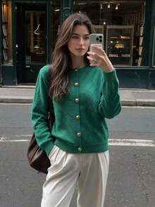 Áo cardigan len dệt kim màu xanh lá tay dài cài cúc cho nữ, phong cách vintage, món đồ mùa đông giữ ấm thiết yếu - màu xanh lá - Xem 4