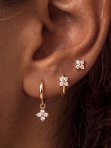 3pcs/Set Women's Lucky Zirconia Earrings Set, Light Luxury Minimalist Hoop & Stud Earrings, European & American Style Layered Earrings - Gold - View 7
