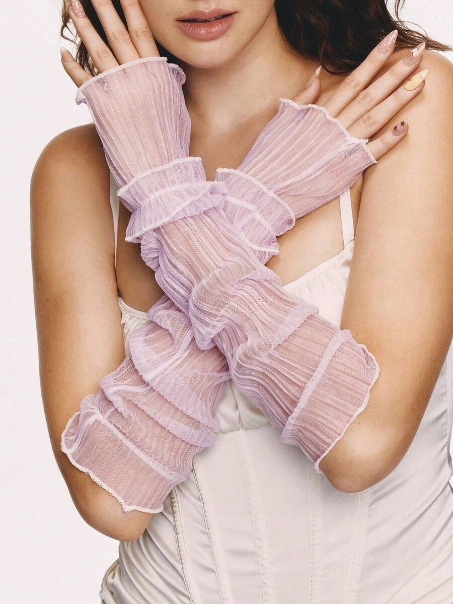 Popjeli 1 Pair/2 Pairs/10 Pairs High-End Pleated Solid Color Long Gloves - Purple - View 1