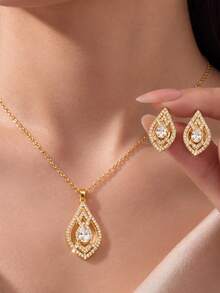 1pc Necklace 1 Pair Earrings Teardrop Rhinestone Jewelry Set Women Sparkling Elegant Wedding Party Statement Gift - Multicolor - View 1