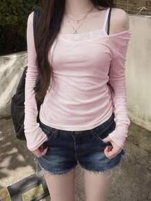 韓式簡約百搭半透 V 領長袖 T-shirt 上衣 - 粉色 - 查看 2