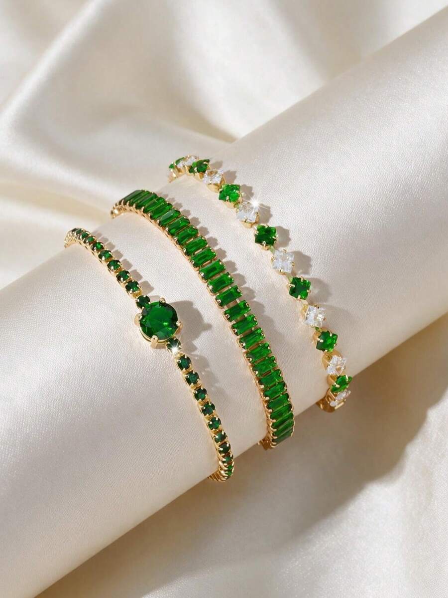 3pcs Luxury Gold-Tone Copper Women's Bracelet Set, Emerald Green Cubic Zirconia Inlaid, Stackable Tennis Chain Jewelry For Wedding, Party, Gift - Green - View 1