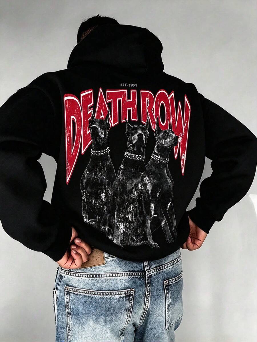 Men's Oversized Hoodie, Doberman Dog Retro Back Print Sweatshirt, Casual Streetwear Pullover For Men - Black - View 1