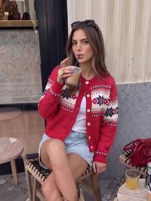 Women's Red Fair Isle Snowflake Jacquard Pattern Long Sleeve Crew Neck Knit Cardigan, Winter Date & Daily Wear Essential - Red - View 3