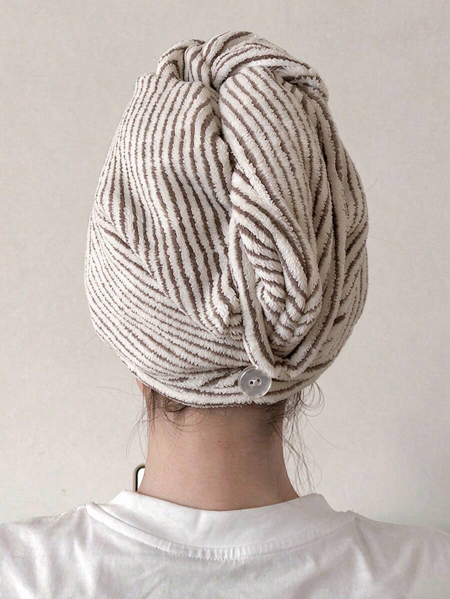 2/1pc Minimalist Striped Bamboo Charcoal Fiber Quick-Dry Hair Towel Cap, Super Absorbent Hair Wrap, Unisex Couple Style