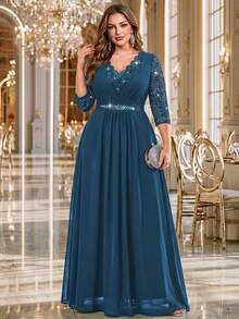 Plus V Neck Sequin Floral Lace 3/4 Sleeve Contrast Rhinestones Ribbon Waist Chiffon Ruched Hem Formal Party Dress For Wedding Guest, Graduation - Dusty Blue - View 1