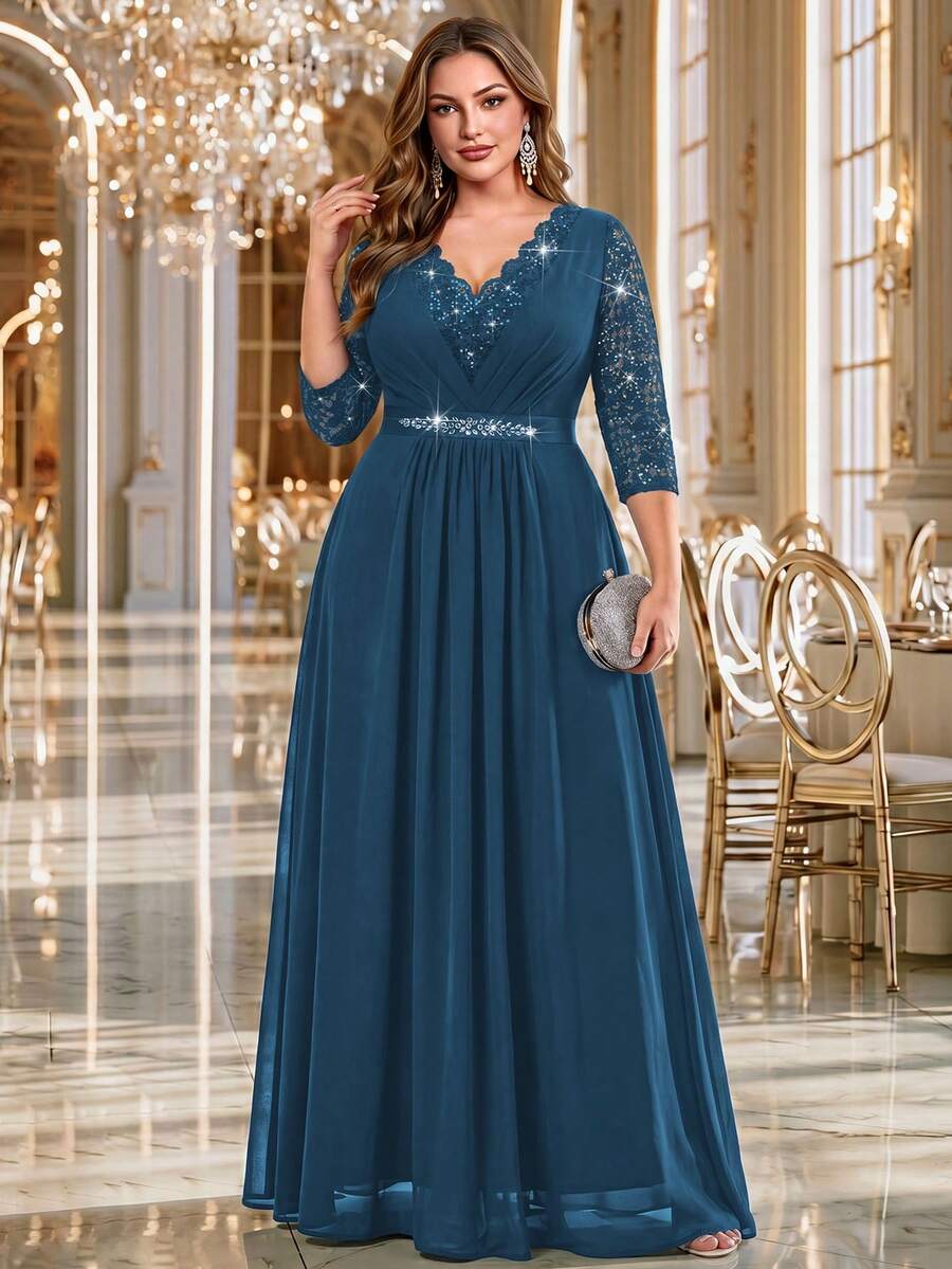 Plus V Neck Sequin Floral Lace 3/4 Sleeve Contrast Rhinestones Ribbon Waist Chiffon Ruched Hem Formal Party Dress For Wedding Guest, Graduation - Dusty Blue - View 1