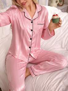 2pcs Satin Striped Pajama Set, Sweet & Cute Lapel Button Long Sleeve Top And Pants, Women's Sleepwear And Loungewear For Home Use - Pink - View 1