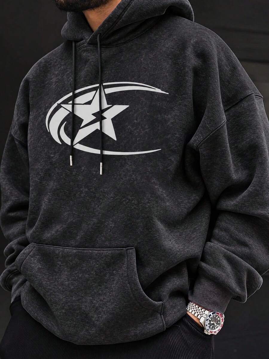Hoodie Pria Bergaya Vintage dengan Efek Usang, Motif Bintang Melingkar untuk Musim Gugur/Dingin, Sweatshirt Kasual Tebal Ukuran Besar dengan Tudung. - Hitam - View 1