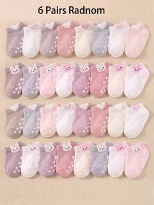 12/24 Pairs Pink Rabbit Jacquard Ear Design Non-Slip Grip Ankle Socks, Toddler Baby First Walker Socks, Soft Breathable Elastic, 0-36M School Baby Socks - Multicolor - View 14