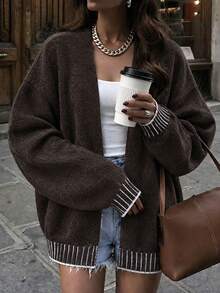 Women's Frenchy Old Money Style Elegant Loose Knit Coffee Brown & White Striped Contrast Trim Ribbed Lantern Sleeve Pullover Sweater Streetwear - Coffee Brown - View 6