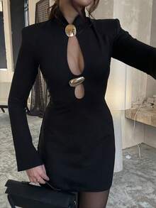 Women's Black Metal Decor Hollow Design Stand Collar Dress - Black - View 1