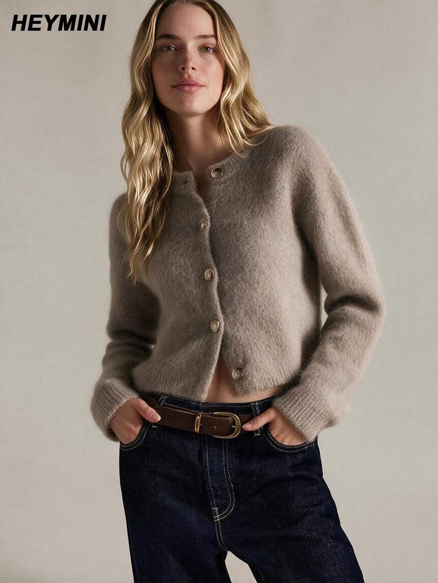 HEYMINI Women's Fashion Knit Cardigan, Long Sleeve Round Neck Button Front Design, Versatile Knit Top - Khaki - View 1