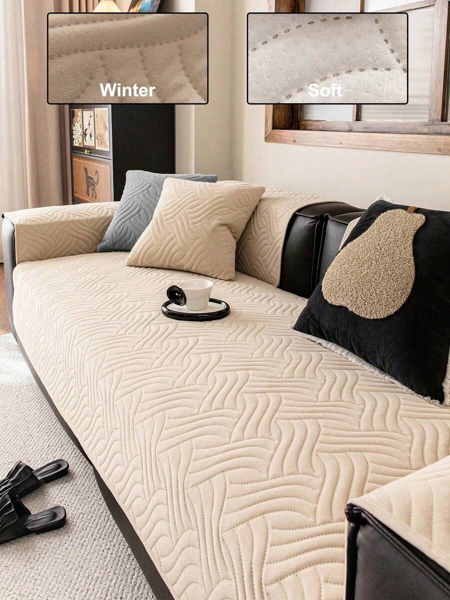 1pc Waterproof Geometric 3D Solid Color Sofa Cushion, Minimalist Style, Anti-Slip Back, Pet-Friendly, Soft Multi-Functional Anti-Dirt Anti-Dust, Holiday Decor Sofa Cover, Backrest Towel Armrest Towel Universal, Suitable For All Seasons - Khaki - View 1