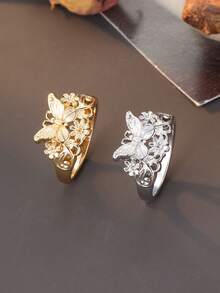 1pc Cute Beautiful Gold & Silver Dual-Color Butterfly Floral Ring, Vintage Hollow Butterfly Design, Suitable For Holiday & Daily Wear, Perfect Gift Choice - Butterfly - View 2