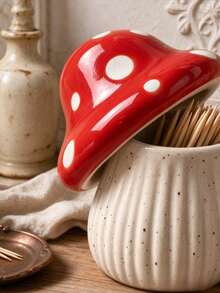 1pc Cute Red & White Polka Dot Mushroom Ceramic Storage Jar, Decorative Mushroom Canister, Small Lidded Porcelain Container, Vintage Home Desktop Decor, Suitable For Kitchen, Bedroom, Living Room, Housewarming Gift - View 2
