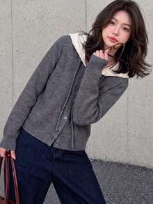 Women's Autumn/Winter Casual Elegant Colorblock Hat Design Sweater Cardigan Jacket - Grey - View 1