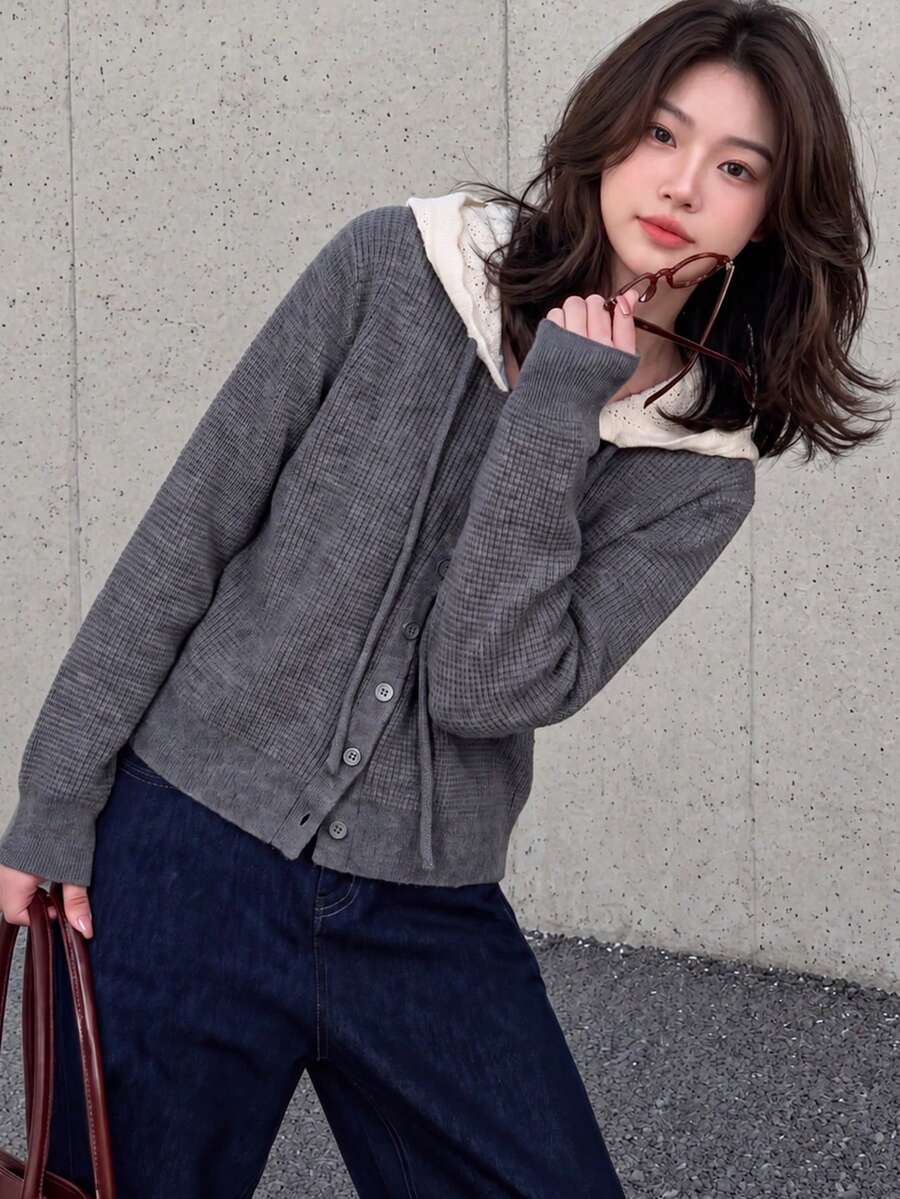 Women's Autumn/Winter Casual Elegant Colorblock Hat Design Sweater Cardigan Jacket - Grey - View 1