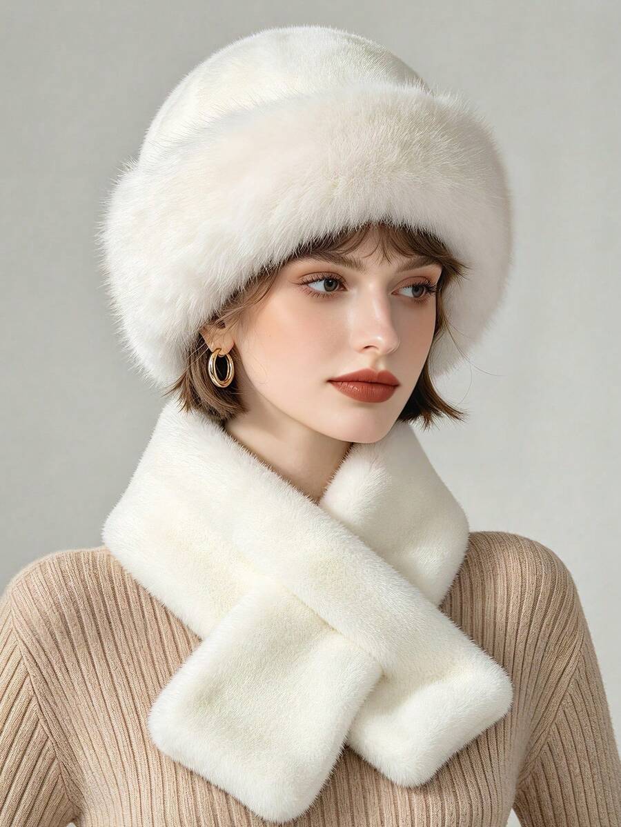 Winter Thickened Faux Fur Hat And Scarf 2-Piece Set For Women, Textured Ear-Flap Bucket Hat, Cross-Style Plush Neck Warmer Integrated Set - Multicolor - View 1