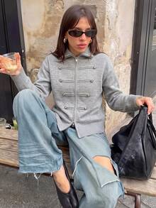 Pocket Detail Ribbed Knit Cardigan, Collared Neck, Long Sleeves, Button Front, Regular Fit, Grey Fall Sweater Cardigan, Casual Elegant Layering Top - Grey - View 3