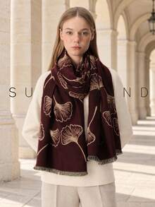 1pc Women's Ginkgo Leaf Pattern Casual Commute Daily Versatile Polyester Scarf, Suitable For All Seasons - Burgundy - View 6