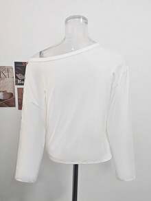 Korean Style Casual Asymmetrical Shoulder Metal Button Decor Long Sleeve Top Women Autumn Winter Loose Casual Short T-Shirt - White - View 7