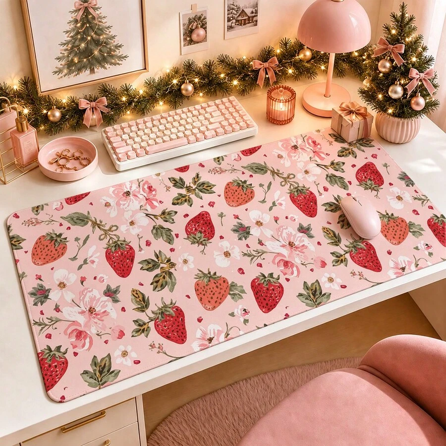 1pc Pink Strawberry Floral Desk Mat, Multi-Purpose Makeup Nail Art Table Pad, Large Non Slip Desktop Protector S/M/L/XL - View 1