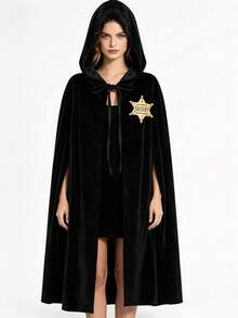 Soft Velvet Costume Prop, Hooded Cloak With Collar Badge. Multiple Colors Available. Long Draped Design. Medieval Wizard Costume. Adult Halloween Party Cosplay Outfit - Multicolor - View 1