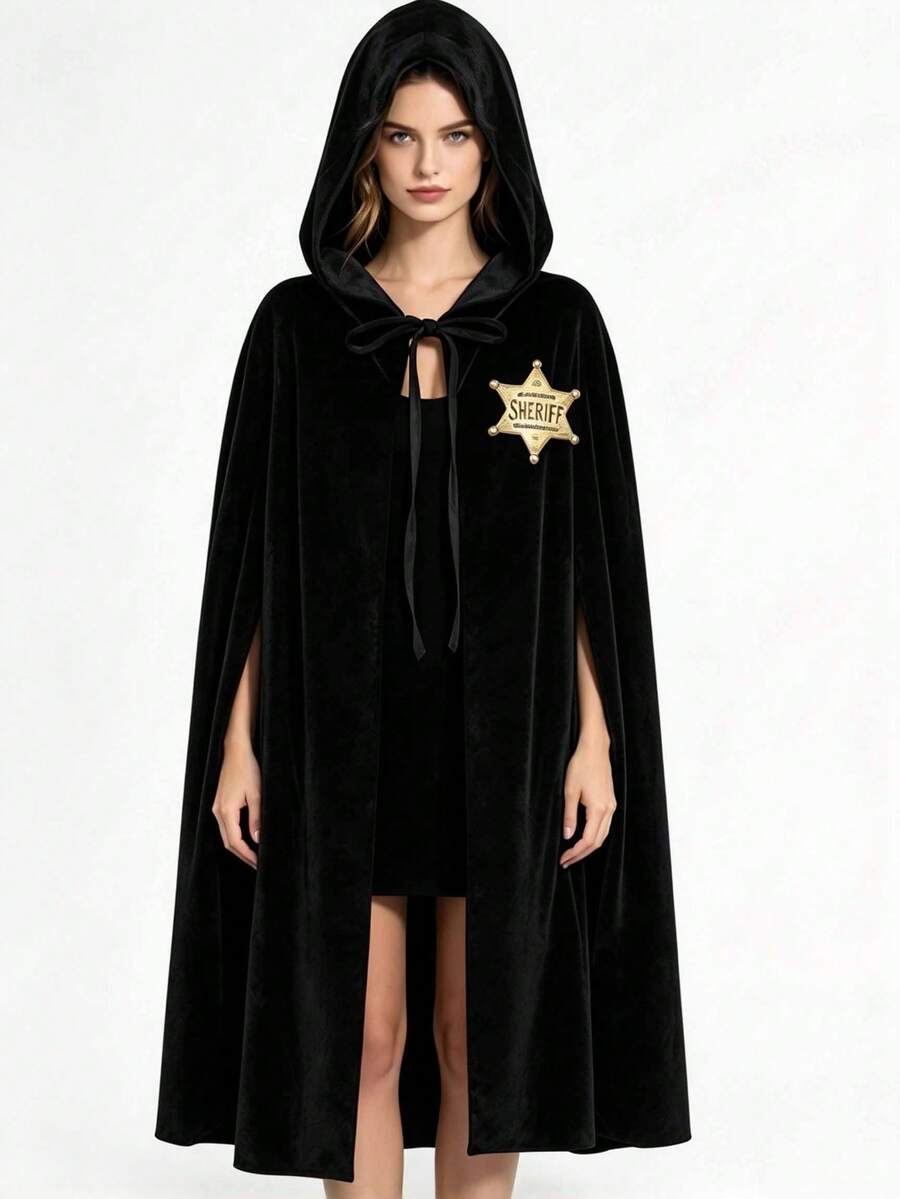 Soft Velvet Costume Prop, Hooded Cloak With Collar Badge. Multiple Colors Available. Long Draped Design. Medieval Wizard Costume. Adult Halloween Party Cosplay Outfit - Multicolor - View 1