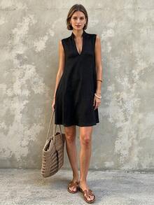 Standard Size Women's Spring/Summer Notch Neck Sleeveless A-Line Casual Vacation Short Dress - Black - View 1