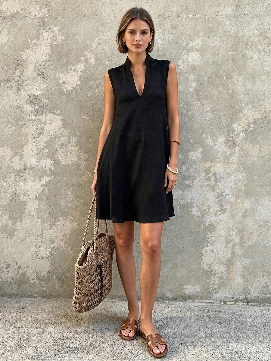 Standard Size Women's Spring/Summer Notch Neck Sleeveless A-Line Casual Vacation Short Dress - Black - View 1