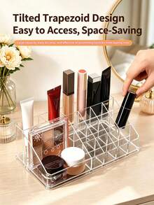 1pc Clear Cosmetic Organizer, Tilted Multi-Layer Makeup Storage Rack For Lipstick, Serums, Brushes, Bathroom & Vanity Display Shelf, Multi-Size Option (9/12/16 Grid) - Clear - View 4