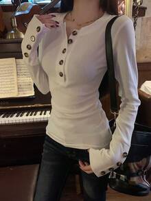 Women's Thermal Lined Long Sleeve Henley Top, Button Decor, Polyester Regular Fit, Autumn/Winter - White - View 3