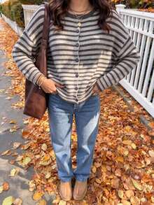 Plus Size Women's Autumn/Winter Striped Knit Cardigan, Round Neck Single-Breasted Long Sleeve, Loose Casual Daily Outerwear - Grey - View 9