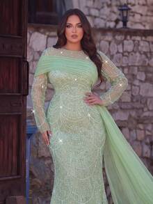 فستان سهرة بحرية لامع مرصع بالخرز مقاس كبير، أكمام شفافة، تطريز خرز يشبه الحراشف، ذيل تول منساب، مناسب لحفلات السهرة وفعاليات السجادة الحمراء - أخضر - مشاهدة 9