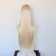 13*4 HD Transparent Lace Front Straight Synthetic Wig, 30 Inch Brown Root Ombre Blonde Glueless Heat Resistant Wig, 180% Density Smooth Wig, Suitable For Daily Wear, Festivals And Parties - Two-Tone - View 5
