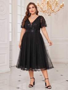 Plus Size Elegant V-Neck Sequin Mesh A-Line Black Party Dress, Suitable For Wedding Guest, Graduation Ceremony, Gala Dinner And Other Occasions Spring - Black - View 1