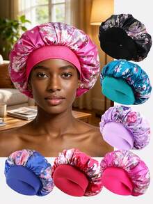 6PCS Women's Printed Satin Wide Brim Sleep Cap Beauty Care Makeup Cap Suitable For Daily Use - Multicolor - View 1