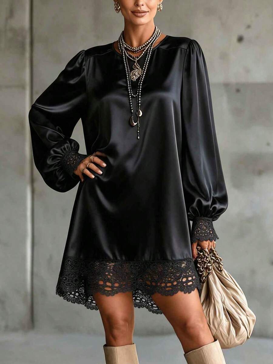 Women's Elegant Black Long Sleeve Shirt Dress, Black Lace Detail, Round Neck, Solid Color, Suitable For Casual Home Wear In Spring And Autumn - Black - View 1