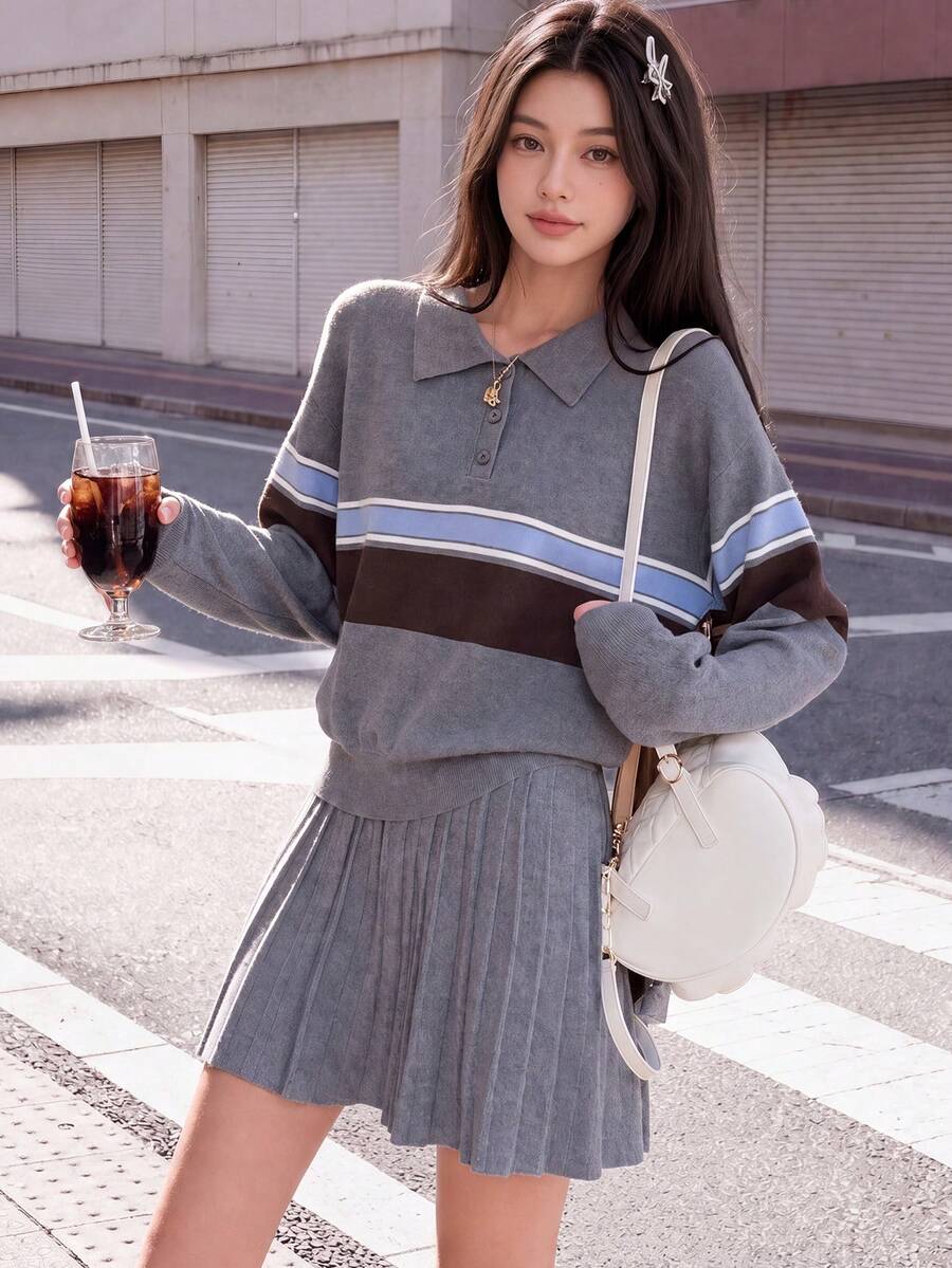 Women's Autumn/Winter Casual Minimalist Preppy Style Collared Pullover & Skirt 2 Pieces Set - Grey - View 1