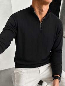 Sweater Polo Pria Musim Gugur/Dingin Serbaguna Bergaris Potongan Slim Fit Bahu Reguler Kerah Resleting Lengan Panjang - Hitam - View 4