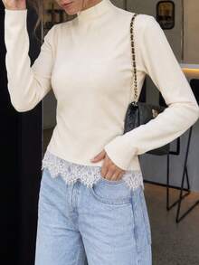 minisummer Women Elegant Autumn Mock Neck Long Sleeve Knit Top, Slim Ribbed Blouse With Lace Hem Casual Basic Layering Shirt - Apricot - View 7