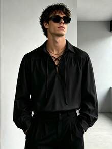 WAIT HIM Men's Vintage Lace-Up Turn-Down Collar Puff Sleeve Shirt, Renaissance Style Loose White Casual Top, Suitable For Cosplay And Daily Wear - Black - View 7