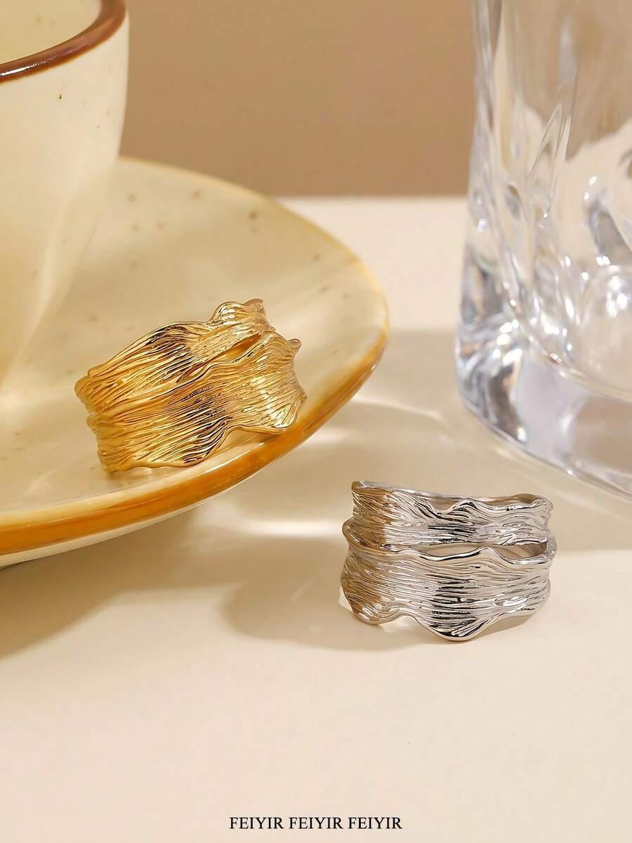 Vintage Asymmetrical Wavy Pleated Line Women's Gold Ring, Suitable For Mom, Best Friend, 18K Gold Plated Double Layer Twisted Design Fashion Jewelry Accessory, Christmas, Birthday Gift - Various - View 1